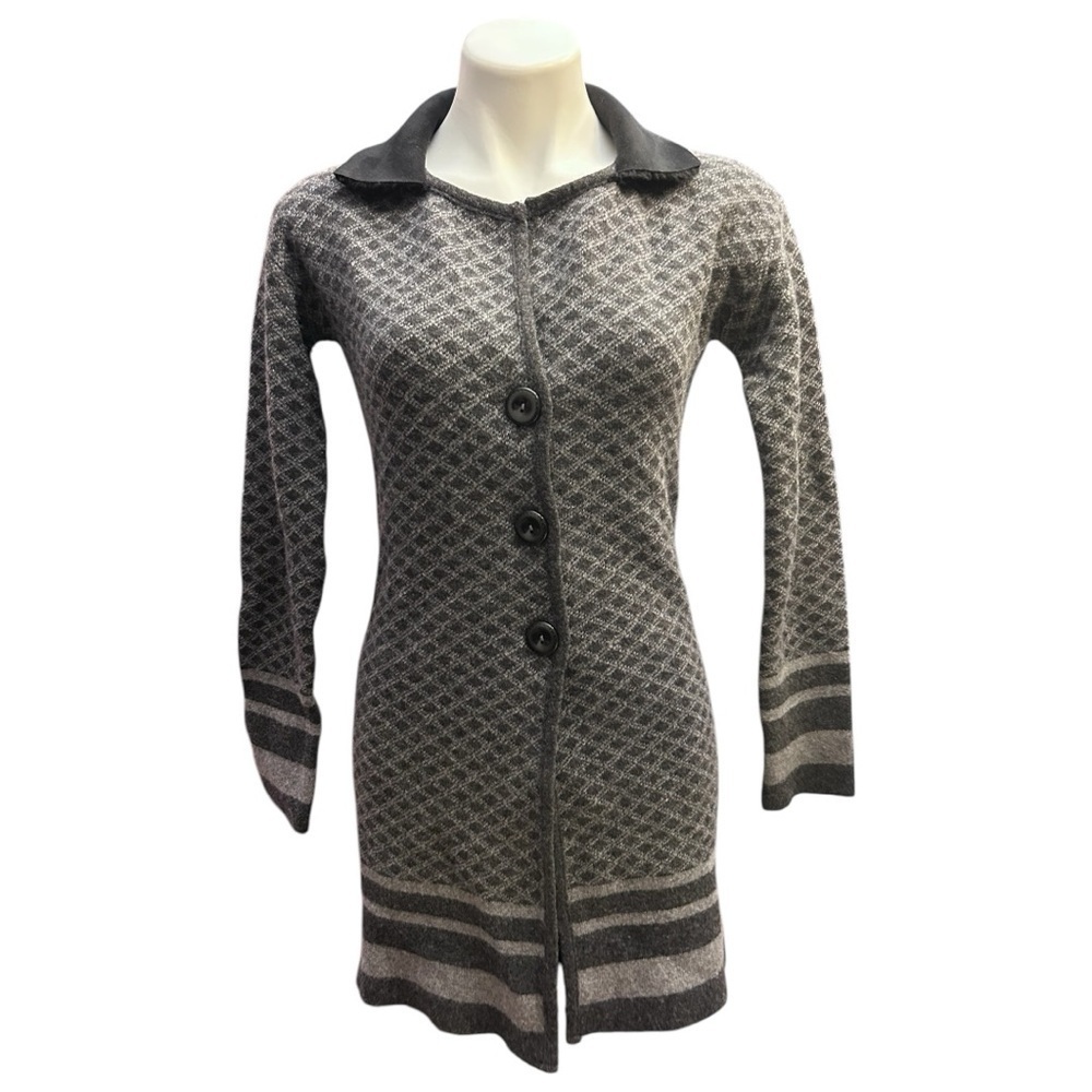 A.Ida Long Cardigan Sweater Diamond Pattern Faux Fur Collar Wool Blend